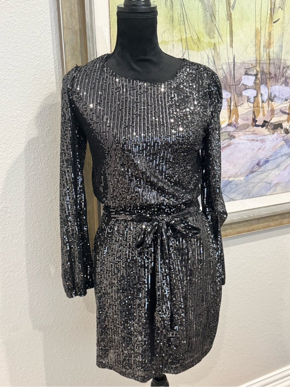 Black Sequin Long-Sleeve Tie-Waist Mini Dress